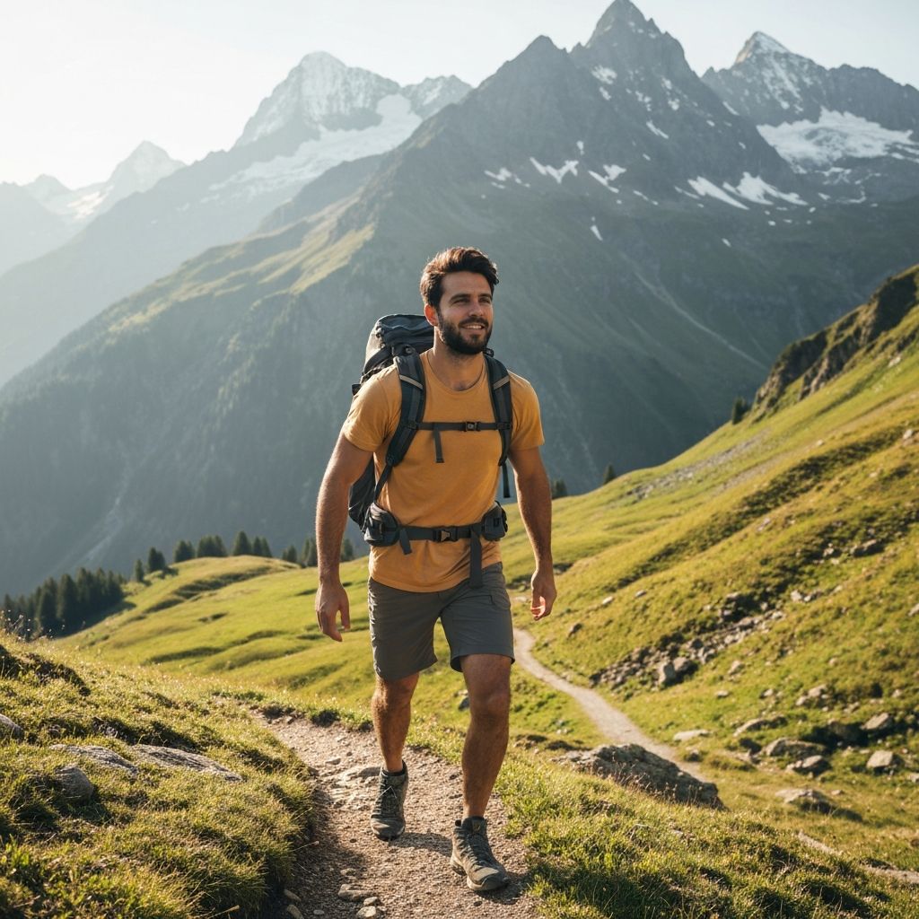 Person hiking in alpine mountains